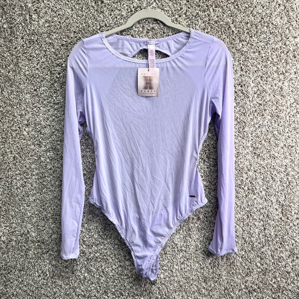 Savage X Fenty Teddy Bodysuit Women's L Lavender Mesh Open Back Long Sleeve NWT‎
